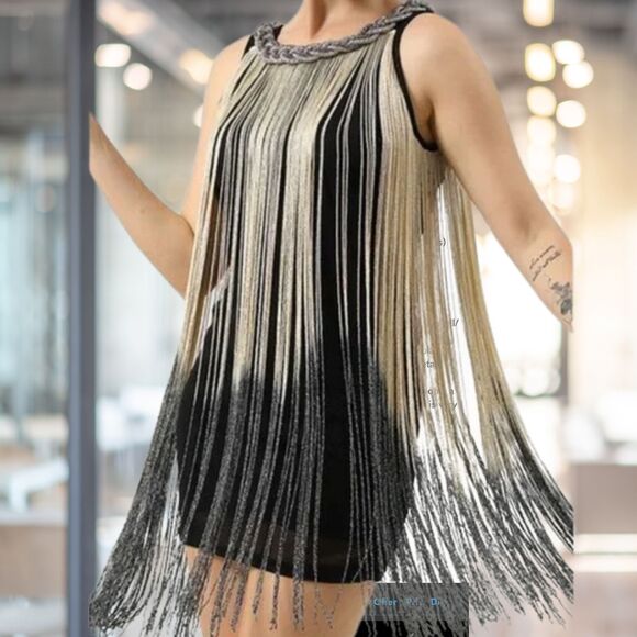 Frank Lyman Black & Gold Ombré Fringe Mini Cocktail Dress - Size S - Picture 1 of 8